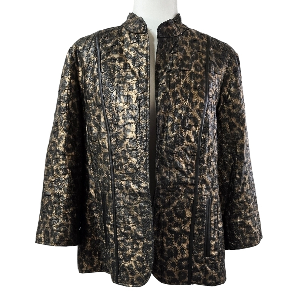 Chico's Leopard Snakeskin Print Crinkled Black Tan Open Front Jacket Pockets